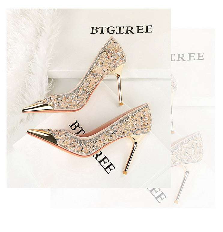 BIGTREE Scarpe Tomaia per scarpe con strass Décolleté da donna Tacchi a spillo 9,5 cm Punta a punta in metallo Tacchi alti Décolleté in cristallo di lusso Lady platinumshop