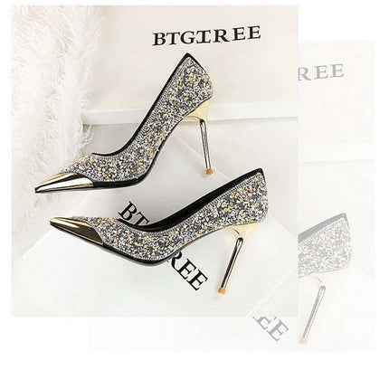BIGTREE Scarpe Tomaia per scarpe con strass Décolleté da donna Tacchi a spillo 9,5 cm Punta a punta in metallo Tacchi alti Décolleté in cristallo di lusso Lady platinumshop