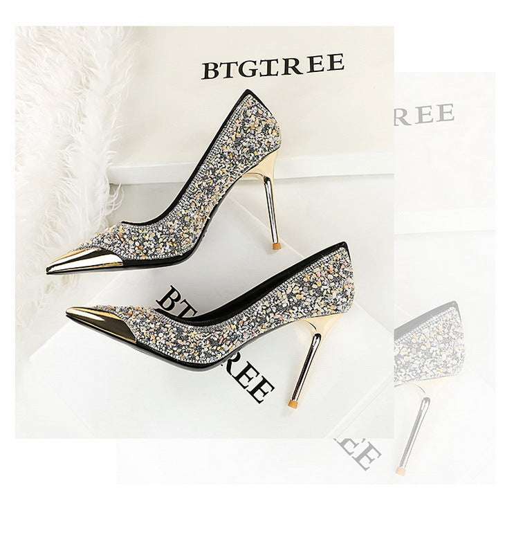 BIGTREE Scarpe Tomaia per scarpe con strass Décolleté da donna Tacchi a spillo 9,5 cm Punta a punta in metallo Tacchi alti Décolleté in cristallo di lusso Lady platinumshop
