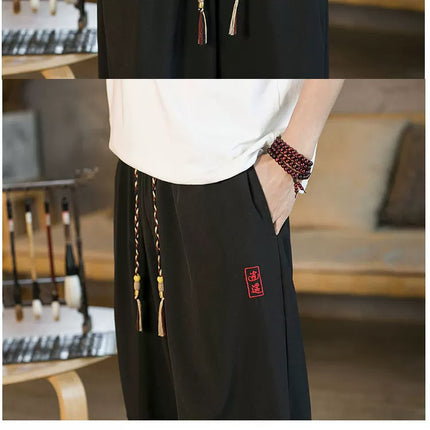 Pantaloncini da samurai giapponesi Kimono estivo da uomo Pantaloni da bagno tradizionali Abbigliamento asiatico da uomo allentato casual Pantaloni a gamba larga Yukata neri