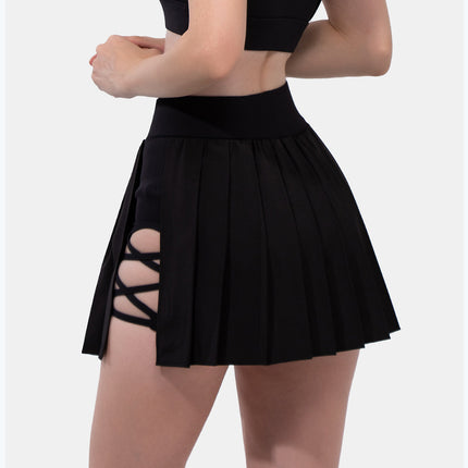 Minigonna estiva sexy da donna con bendaggio laterale, vita alta elasticizzata, con pantaloncini integrati, modello A-line slim, stile tennis, ideale per il club.
