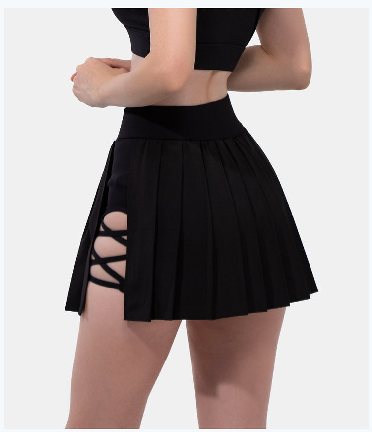 Minigonna estiva sexy da donna con bendaggio laterale, vita alta elasticizzata, con pantaloncini integrati, modello A-line slim, stile tennis, ideale per il club.