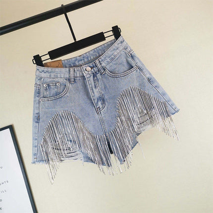 Short en jean pour femme Jeans déchirés à trous avec glands Diamants Sexy délavés effet usé Taille haute Streetwear 2025 Pantalons courts droits