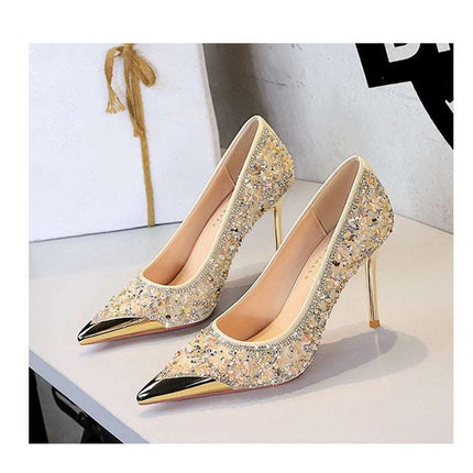 BIGTREE Scarpe Tomaia per scarpe con strass Décolleté da donna Tacchi a spillo 9,5 cm Punta a punta in metallo Tacchi alti Décolleté in cristallo di lusso Lady platinumshop