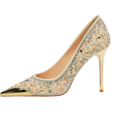 BIGTREE Scarpe Tomaia per scarpe con strass Décolleté da donna Tacchi a spillo 9,5 cm Punta a punta in metallo Tacchi alti Décolleté in cristallo di lusso Lady platinumshop