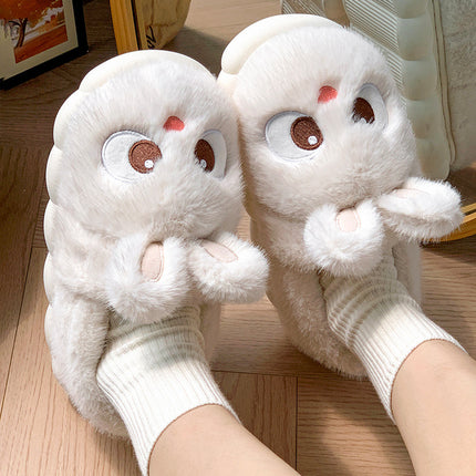Chaussons d'intérieur en peluche chaude d'hiver en fourrure de lapin panda de dessin animé, pantoufles plates moelleuses thermiques amusantes pour femmes