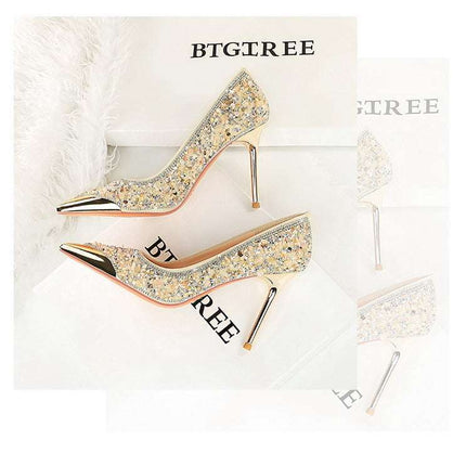 BIGTREE Scarpe Tomaia per scarpe con strass Décolleté da donna Tacchi a spillo 9,5 cm Punta a punta in metallo Tacchi alti Décolleté in cristallo di lusso Lady platinumshop