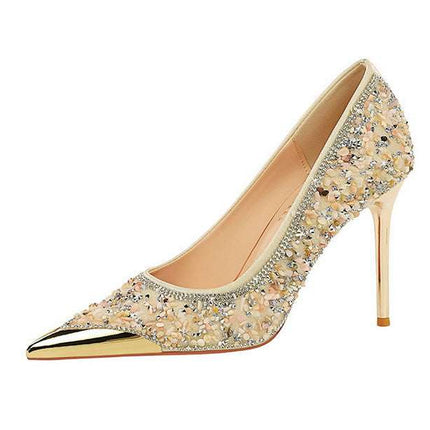 BIGTREE Scarpe Tomaia per scarpe con strass Décolleté da donna Tacchi a spillo 9,5 cm Punta a punta in metallo Tacchi alti Décolleté in cristallo di lusso Lady platinumshop