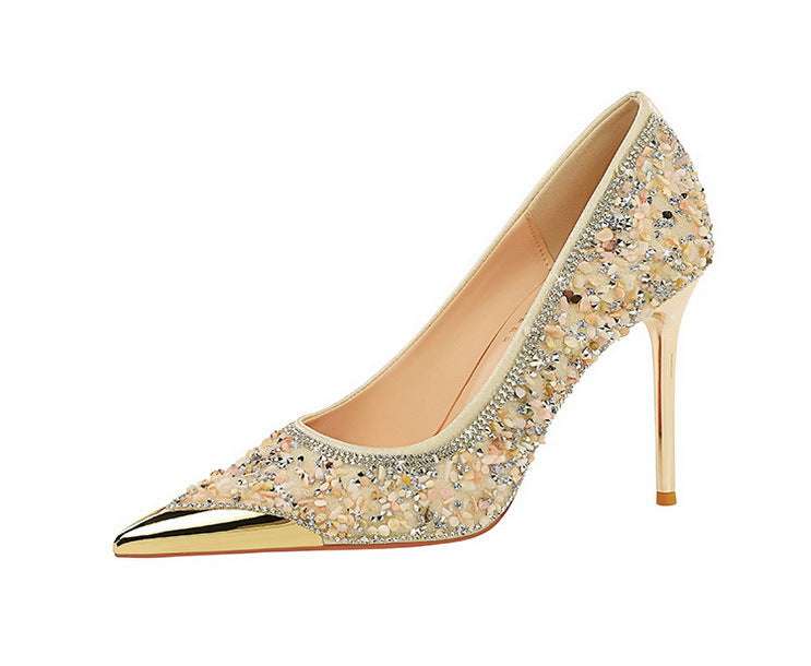 BIGTREE Scarpe Tomaia per scarpe con strass Décolleté da donna Tacchi a spillo 9,5 cm Punta a punta in metallo Tacchi alti Décolleté in cristallo di lusso Lady platinumshop
