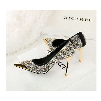 BIGTREE Scarpe Tomaia per scarpe con strass Décolleté da donna Tacchi a spillo 9,5 cm Punta a punta in metallo Tacchi alti Décolleté in cristallo di lusso Lady platinumshop