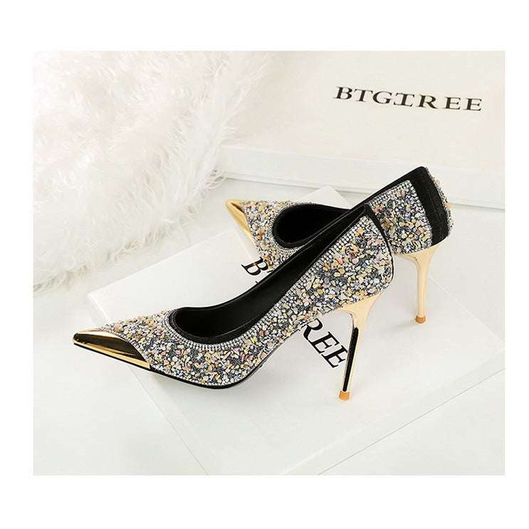 BIGTREE Scarpe Tomaia per scarpe con strass Décolleté da donna Tacchi a spillo 9,5 cm Punta a punta in metallo Tacchi alti Décolleté in cristallo di lusso Lady platinumshop