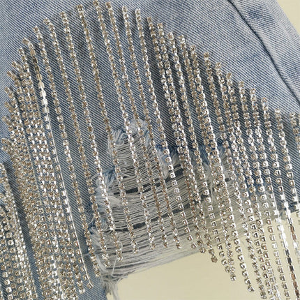 Short en jean pour femme Jeans déchirés à trous avec glands Diamants Sexy délavés effet usé Taille haute Streetwear 2025 Pantalons courts droits