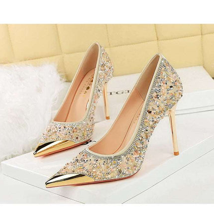 BIGTREE Scarpe Tomaia per scarpe con strass Décolleté da donna Tacchi a spillo 9,5 cm Punta a punta in metallo Tacchi alti Décolleté in cristallo di lusso Lady platinumshop
