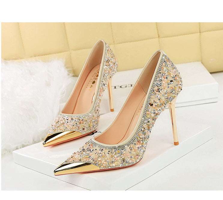 BIGTREE Scarpe Tomaia per scarpe con strass Décolleté da donna Tacchi a spillo 9,5 cm Punta a punta in metallo Tacchi alti Décolleté in cristallo di lusso Lady platinumshop