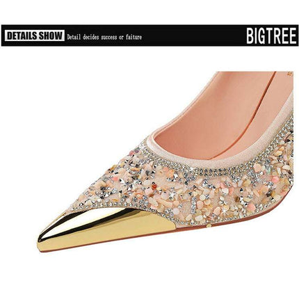 BIGTREE Scarpe Tomaia per scarpe con strass Décolleté da donna Tacchi a spillo 9,5 cm Punta a punta in metallo Tacchi alti Décolleté in cristallo di lusso Lady platinumshop