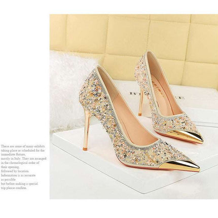 BIGTREE Scarpe Tomaia per scarpe con strass Décolleté da donna Tacchi a spillo 9,5 cm Punta a punta in metallo Tacchi alti Décolleté in cristallo di lusso Lady platinumshop