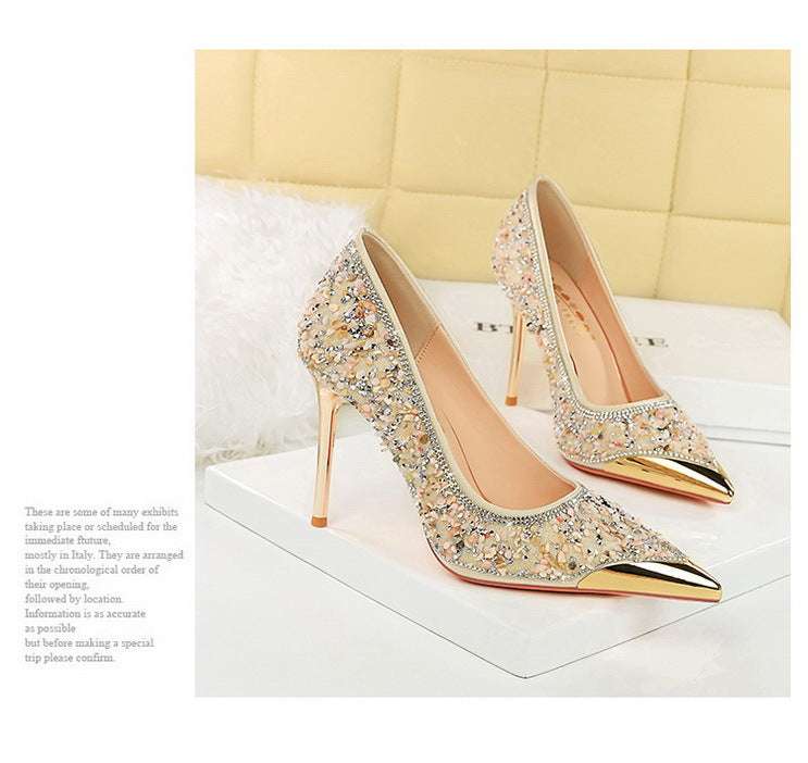 BIGTREE Scarpe Tomaia per scarpe con strass Décolleté da donna Tacchi a spillo 9,5 cm Punta a punta in metallo Tacchi alti Décolleté in cristallo di lusso Lady platinumshop