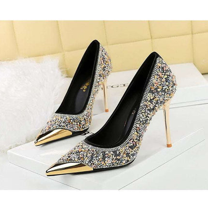 BIGTREE Scarpe Tomaia per scarpe con strass Décolleté da donna Tacchi a spillo 9,5 cm Punta a punta in metallo Tacchi alti Décolleté in cristallo di lusso Lady platinumshop