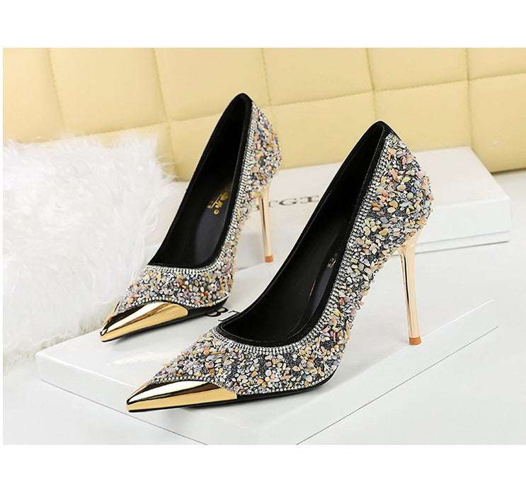 BIGTREE Scarpe Tomaia per scarpe con strass Décolleté da donna Tacchi a spillo 9,5 cm Punta a punta in metallo Tacchi alti Décolleté in cristallo di lusso Lady platinumshop