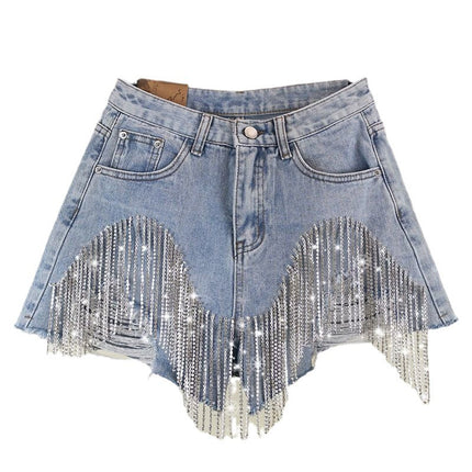 Short en jean pour femme Jeans déchirés à trous avec glands Diamants Sexy délavés effet usé Taille haute Streetwear 2025 Pantalons courts droits