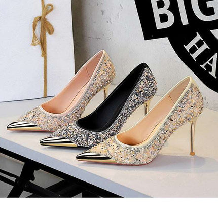 BIGTREE Scarpe Tomaia per scarpe con strass Décolleté da donna Tacchi a spillo 9,5 cm Punta a punta in metallo Tacchi alti Décolleté in cristallo di lusso Lady platinumshop