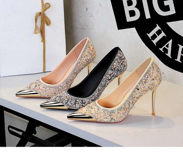 BIGTREE Scarpe Tomaia per scarpe con strass Décolleté da donna Tacchi a spillo 9,5 cm Punta a punta in metallo Tacchi alti Décolleté in cristallo di lusso Lady platinumshop