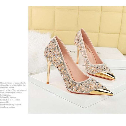 BIGTREE Scarpe Tomaia per scarpe con strass Décolleté da donna Tacchi a spillo 9,5 cm Punta a punta in metallo Tacchi alti Décolleté in cristallo di lusso Lady platinumshop