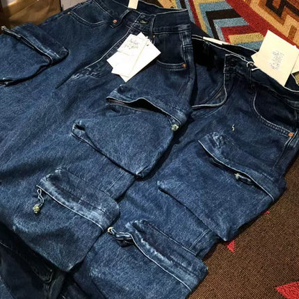 Multi Pockets Heavyweight Cotton Denim Dark Blue Men Pants American Tough Guys Male Overalls Straight Workwear Cargo Trousers