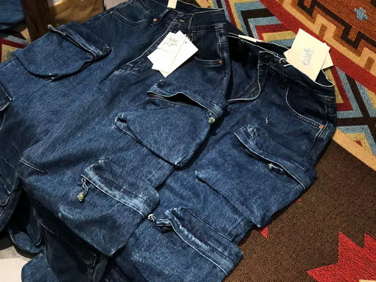 Multi Pockets Heavyweight Cotton Denim Dark Blue Men Pants American Tough Guys Male Overalls Straight Workwear Cargo Trousers