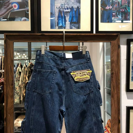 Multi Pockets Heavyweight Cotton Denim Dark Blue Men Pants American Tough Guys Male Overalls Straight Workwear Cargo Trousers