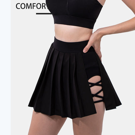 Minigonna estiva sexy da donna con bendaggio laterale, vita alta elasticizzata, con pantaloncini integrati, modello A-line slim, stile tennis, ideale per il club.