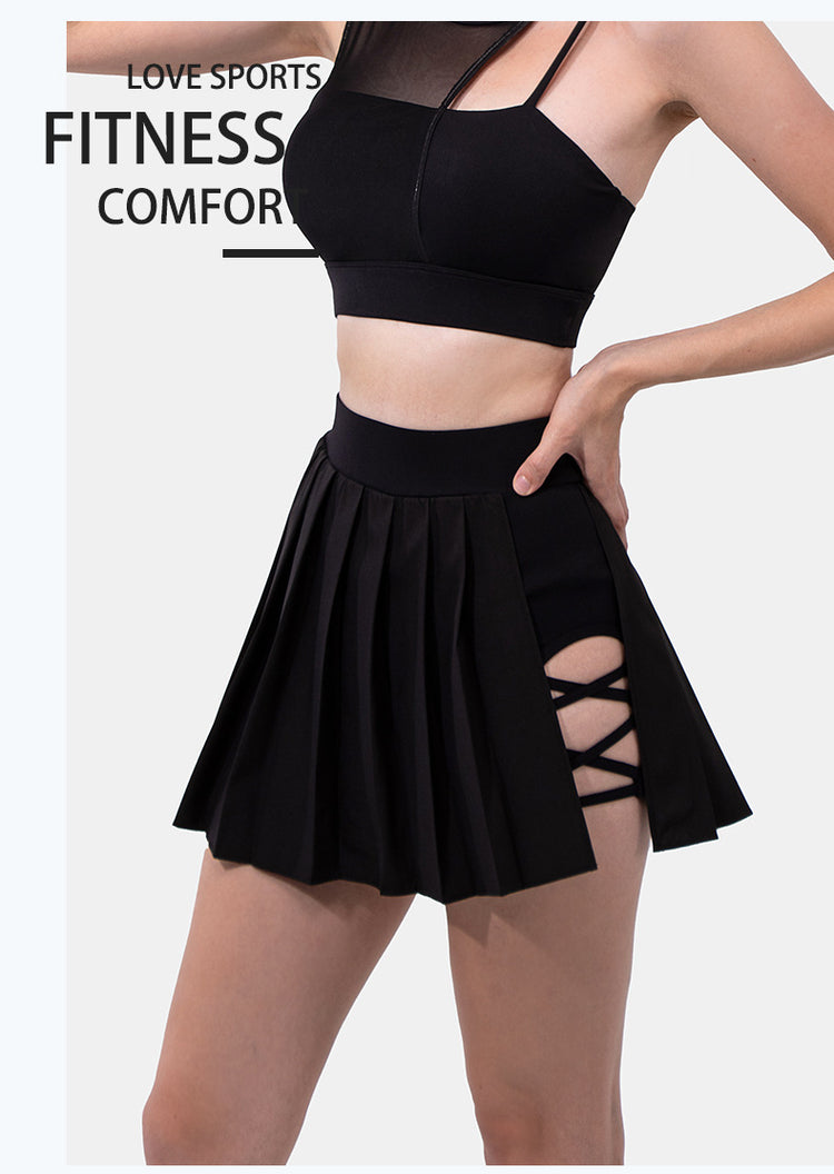 Minigonna estiva sexy da donna con bendaggio laterale, vita alta elasticizzata, con pantaloncini integrati, modello A-line slim, stile tennis, ideale per il club.