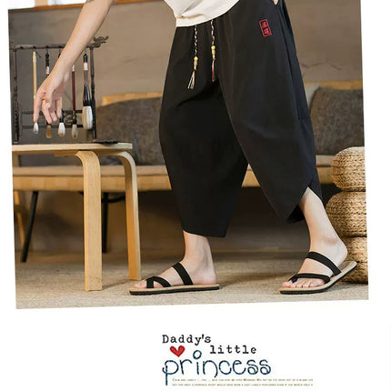 Pantaloncini da samurai giapponesi Kimono estivo da uomo Pantaloni da bagno tradizionali Abbigliamento asiatico da uomo allentato casual Pantaloni a gamba larga Yukata neri