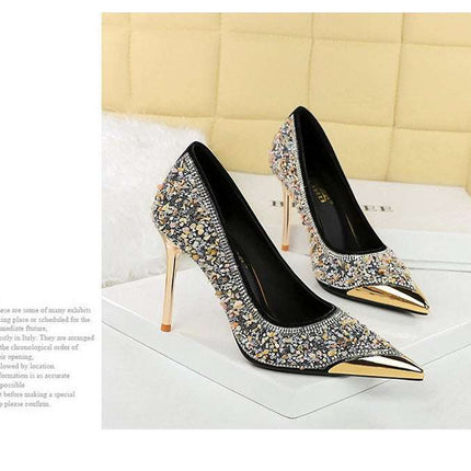 BIGTREE Scarpe Tomaia per scarpe con strass Décolleté da donna Tacchi a spillo 9,5 cm Punta a punta in metallo Tacchi alti Décolleté in cristallo di lusso Lady platinumshop