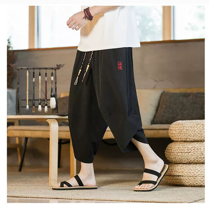 Pantaloncini da samurai giapponesi Kimono estivo da uomo Pantaloni da bagno tradizionali Abbigliamento asiatico da uomo allentato casual Pantaloni a gamba larga Yukata neri