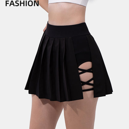 Minigonna estiva sexy da donna con bendaggio laterale, vita alta elasticizzata, con pantaloncini integrati, modello A-line slim, stile tennis, ideale per il club.