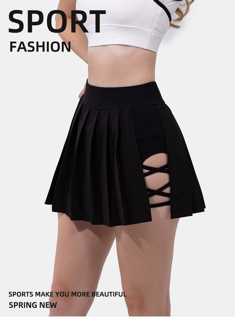 Minigonna estiva sexy da donna con bendaggio laterale, vita alta elasticizzata, con pantaloncini integrati, modello A-line slim, stile tennis, ideale per il club.