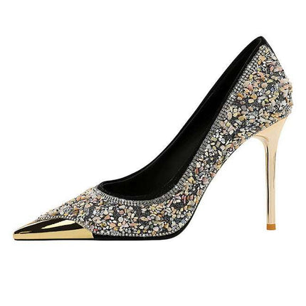 BIGTREE Scarpe Tomaia per scarpe con strass Décolleté da donna Tacchi a spillo 9,5 cm Punta a punta in metallo Tacchi alti Décolleté in cristallo di lusso Lady platinumshop