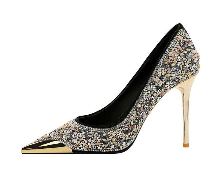 BIGTREE Scarpe Tomaia per scarpe con strass Décolleté da donna Tacchi a spillo 9,5 cm Punta a punta in metallo Tacchi alti Décolleté in cristallo di lusso Lady platinumshop