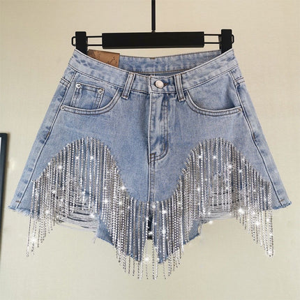 Short en jean pour femme Jeans déchirés à trous avec glands Diamants Sexy délavés effet usé Taille haute Streetwear 2025 Pantalons courts droits