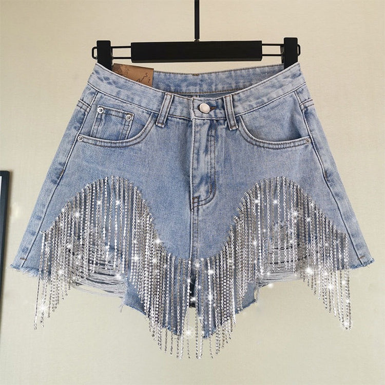 Pantaloncini di jeans Donna Jeans strappati con foro Nappe Diamanti Sexy lavato effetto consumato Vita alta Streetwear 2025 Pantaloni corti dritti