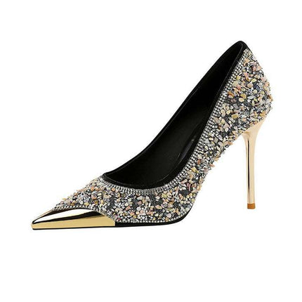 BIGTREE Scarpe Tomaia per scarpe con strass Décolleté da donna Tacchi a spillo 9,5 cm Punta a punta in metallo Tacchi alti Décolleté in cristallo di lusso Lady platinumshop