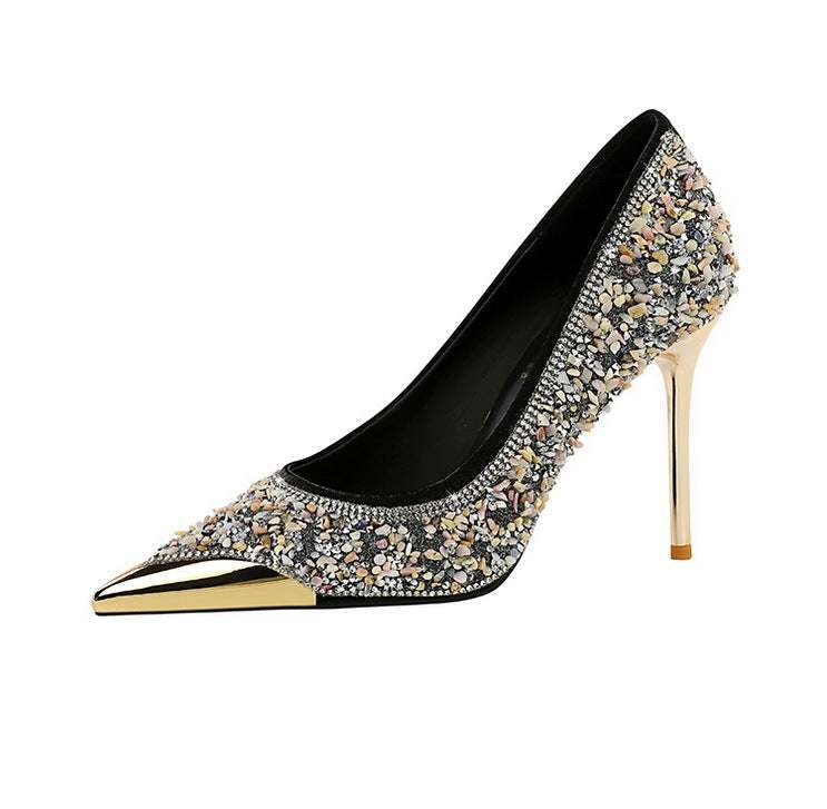 BIGTREE Scarpe Tomaia per scarpe con strass Décolleté da donna Tacchi a spillo 9,5 cm Punta a punta in metallo Tacchi alti Décolleté in cristallo di lusso Lady platinumshop