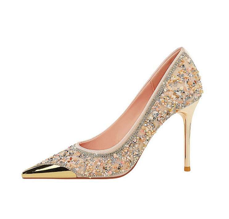 BIGTREE Scarpe Tomaia per scarpe con strass Décolleté da donna Tacchi a spillo 9,5 cm Punta a punta in metallo Tacchi alti Décolleté in cristallo di lusso Lady platinumshop