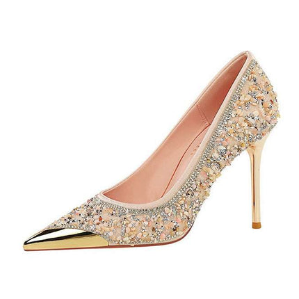 BIGTREE Scarpe Tomaia per scarpe con strass Décolleté da donna Tacchi a spillo 9,5 cm Punta a punta in metallo Tacchi alti Décolleté in cristallo di lusso Lady platinumshop
