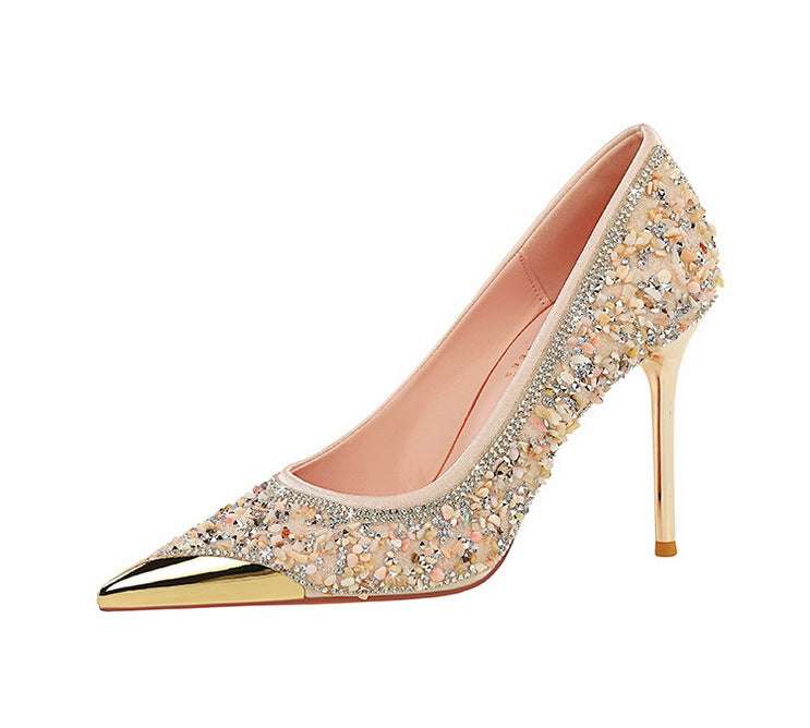 BIGTREE Scarpe Tomaia per scarpe con strass Décolleté da donna Tacchi a spillo 9,5 cm Punta a punta in metallo Tacchi alti Décolleté in cristallo di lusso Lady platinumshop