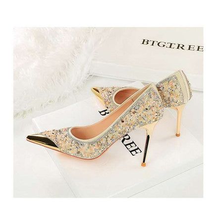 BIGTREE Scarpe Tomaia per scarpe con strass Décolleté da donna Tacchi a spillo 9,5 cm Punta a punta in metallo Tacchi alti Décolleté in cristallo di lusso Lady platinumshop