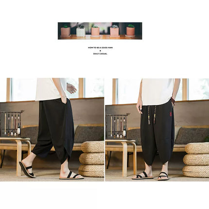 Pantaloncini da samurai giapponesi Kimono estivo da uomo Pantaloni da bagno tradizionali Abbigliamento asiatico da uomo allentato casual Pantaloni a gamba larga Yukata neri