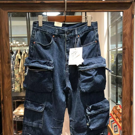 Multi Pockets Heavyweight Cotton Denim Dark Blue Men Pants American Tough Guys Male Overalls Straight Workwear Cargo Trousers