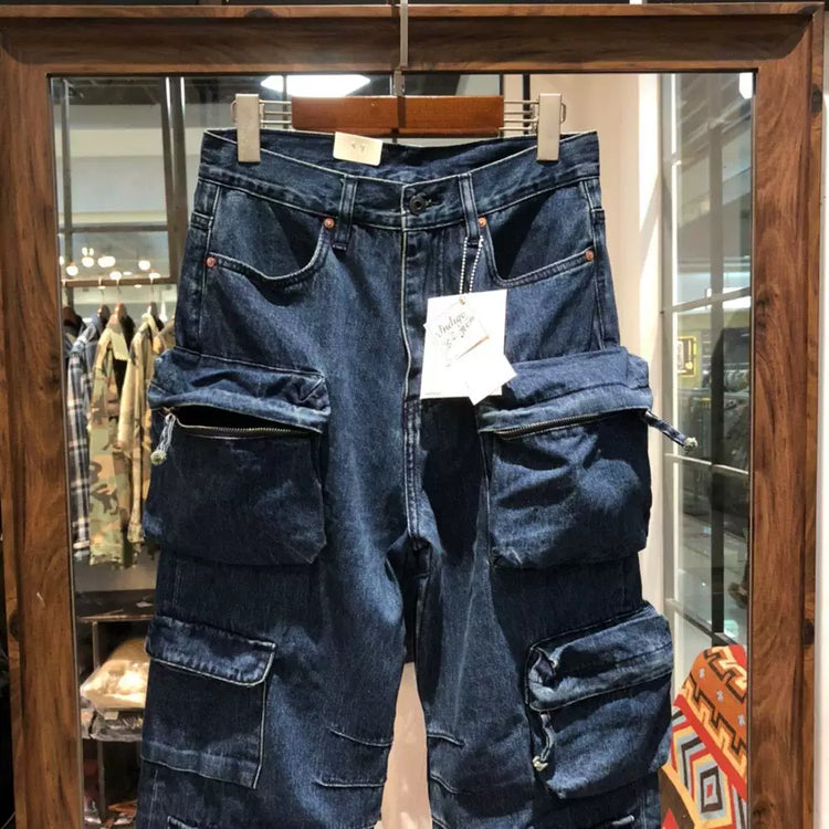 Multi Pockets Heavyweight Cotton Denim Dark Blue Men Pants American Tough Guys Male Overalls Straight Workwear Cargo Trousers